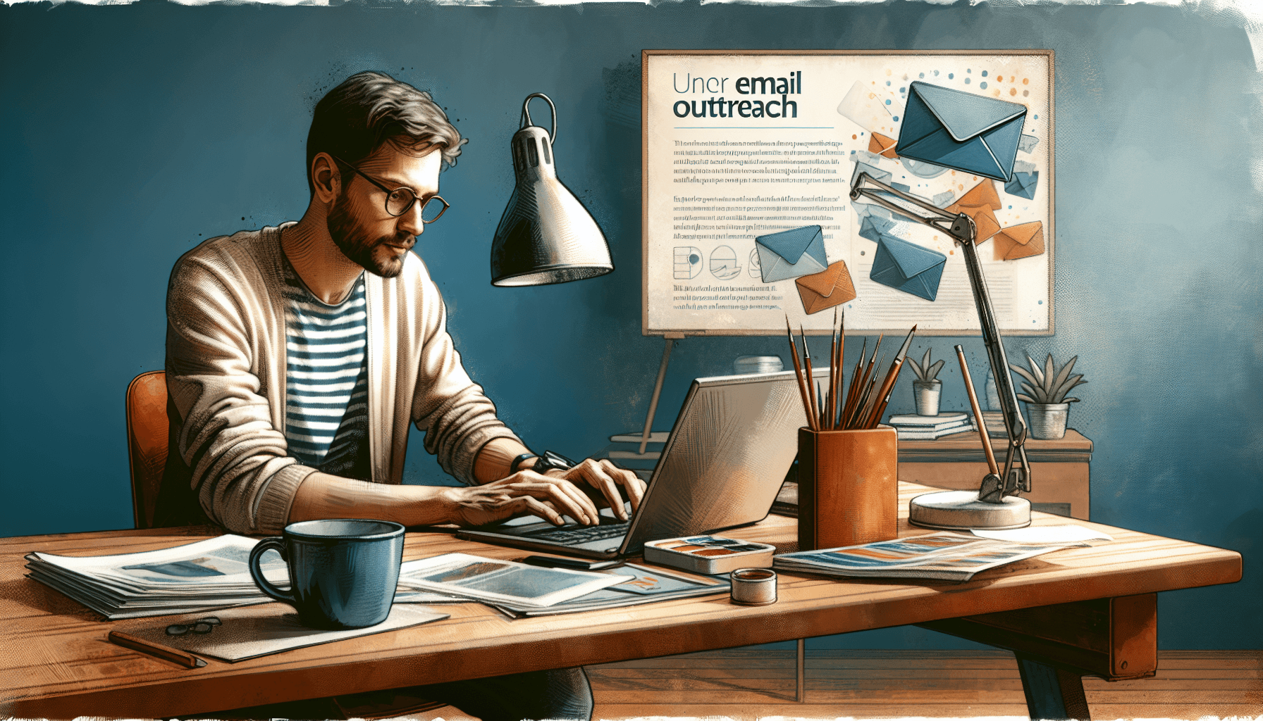 A focused professional sitting at a desk, drafting personalized outreach emails, surrounded by notes and a laptop, embodying a research-driven approach to…