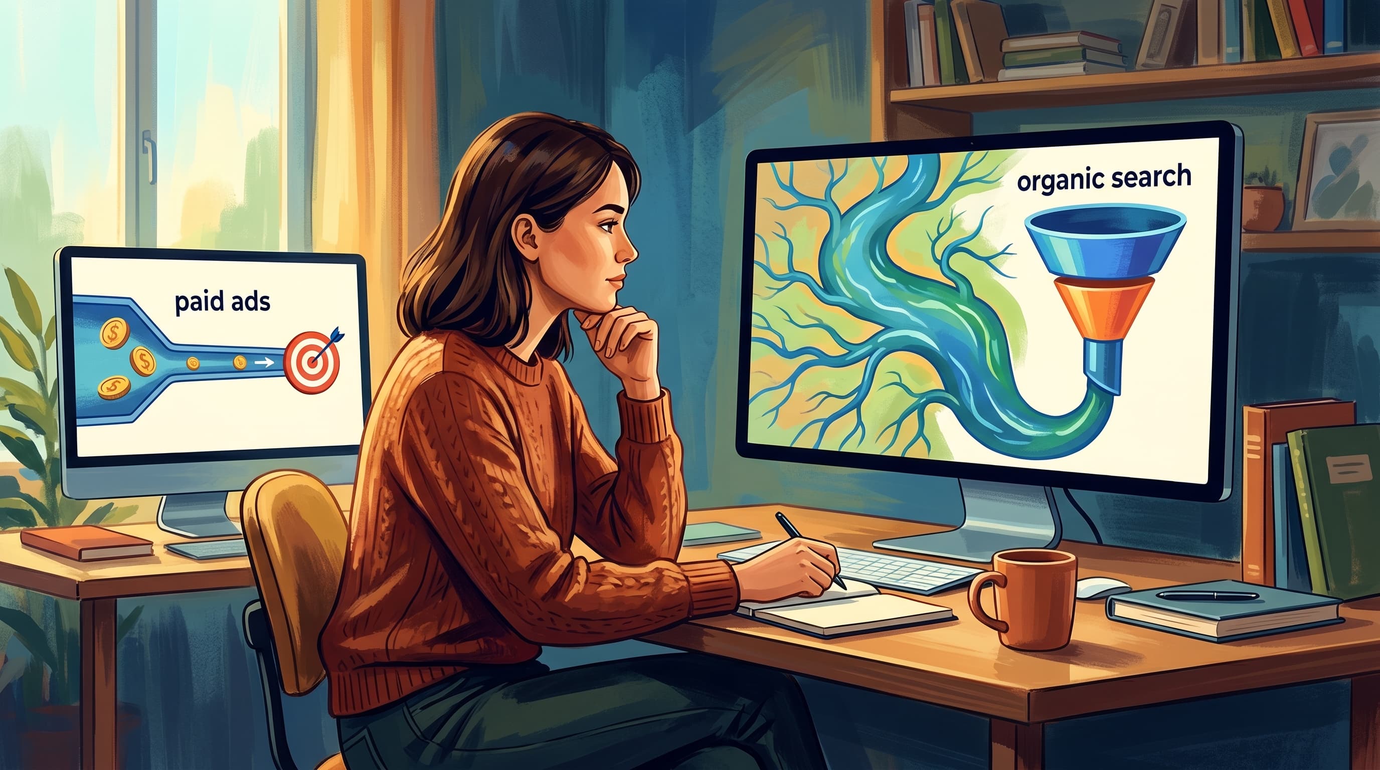 A small business owner analyzes website traffic data on a laptop, contemplating the benefits of SEO versus paid ads in a cozy office setting.