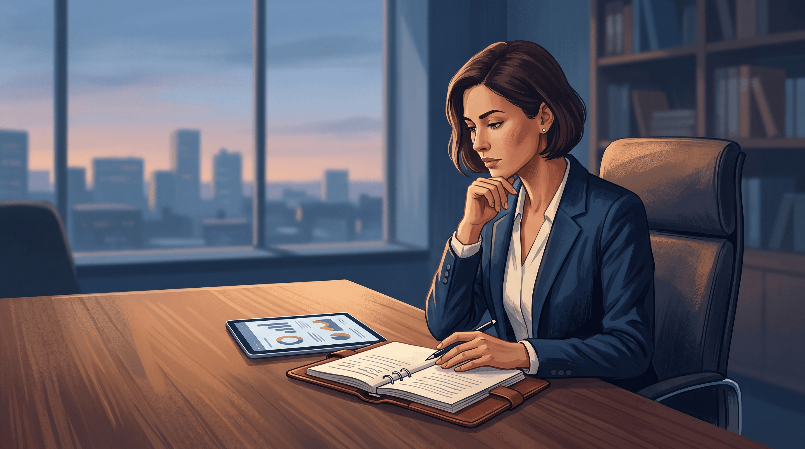 A focused entrepreneur analyzes keyword data on a laptop in a modern office, surrounded by charts and notes, embodying the efficiency of keyword research …