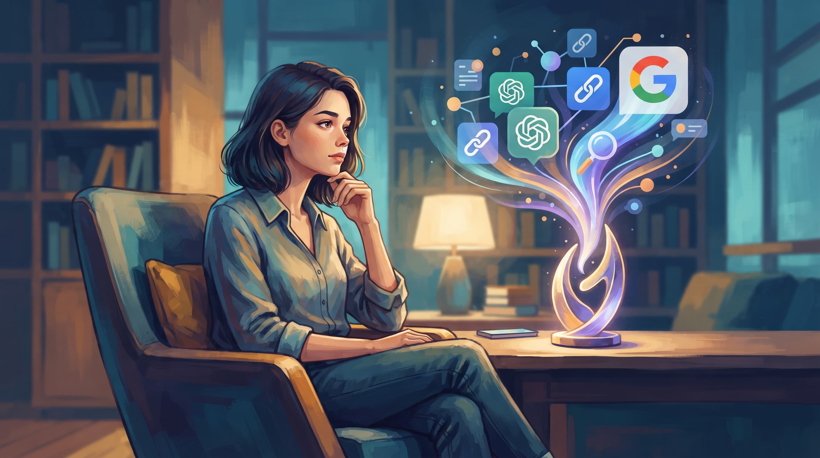 A focused entrepreneur analyzes data on a laptop, surrounded by notes and charts, contemplating strategies to optimize content for AI search visibility.