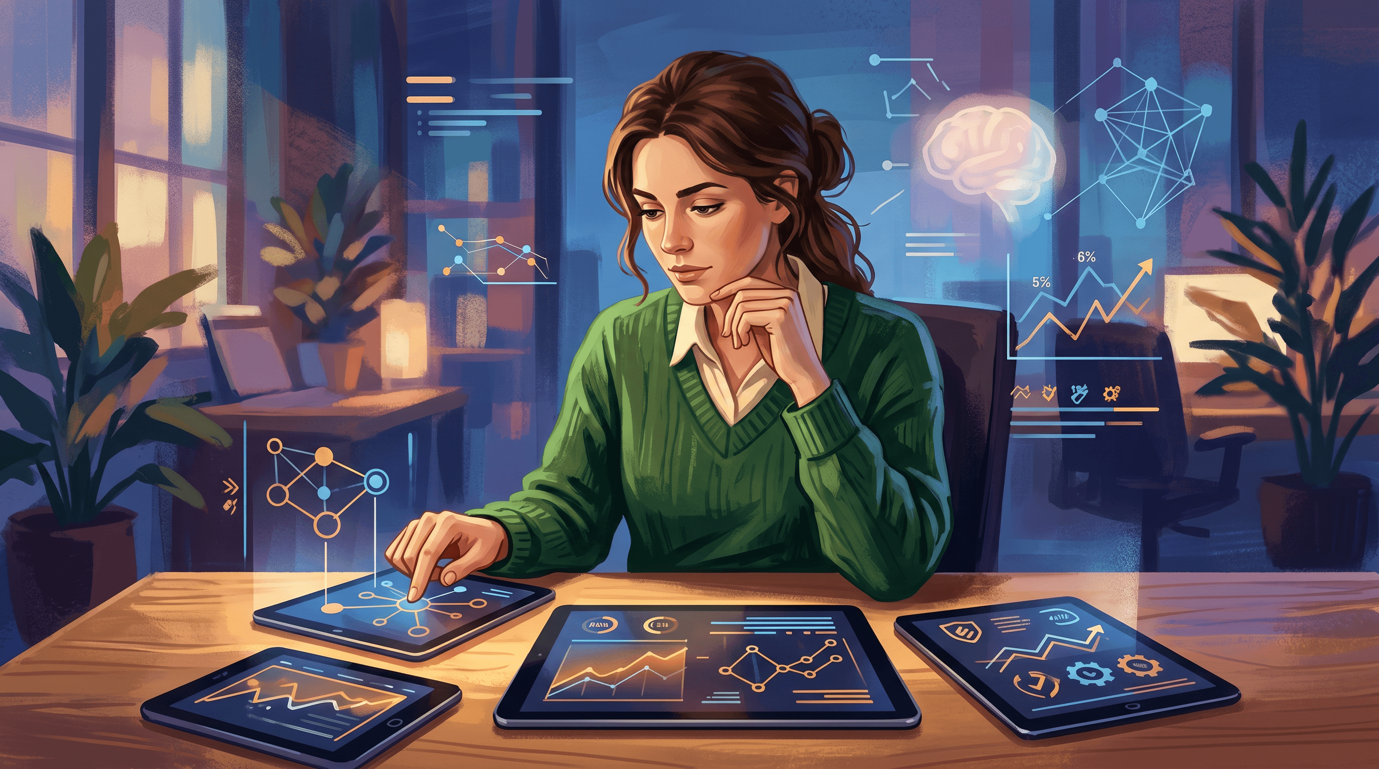 A focused entrepreneur analyzes data on a laptop, surrounded by charts and notes, contemplating strategies to track AI search visibility effectively.