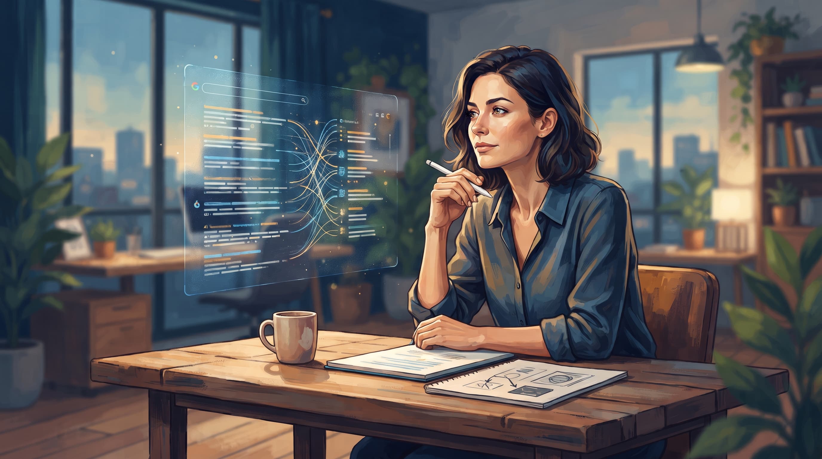 A focused team of digital marketers collaborates around a laptop, analyzing data charts and discussing strategies for effective AI content optimization in…